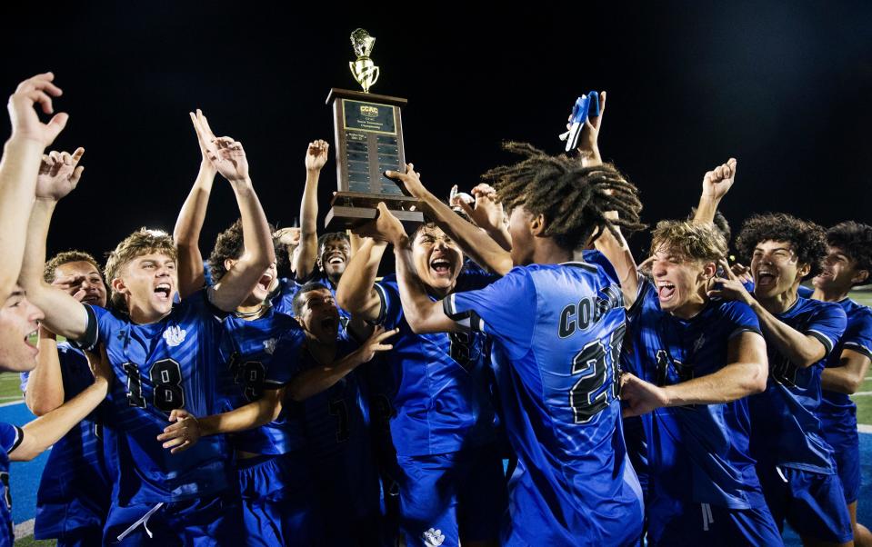 The Barron Collier boys soccer team celebrates a win over Naples in the CCAC Championships at Barron Collier onFriday, Jan. 5, 2024.