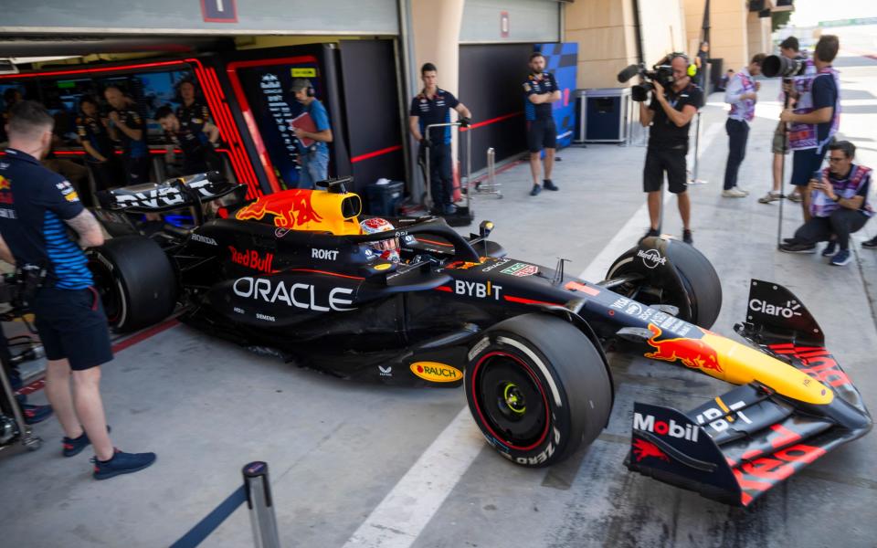 Red Bull Racing's Dutch driver Max Verstappen leaves the garage during the first day of the Formula One pre-season testing at the Bahrain International Circuit in Sakhir on February 21, 2024