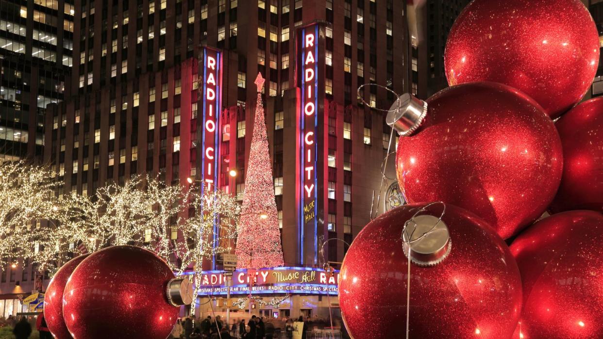 christmas decorations and radio city at night