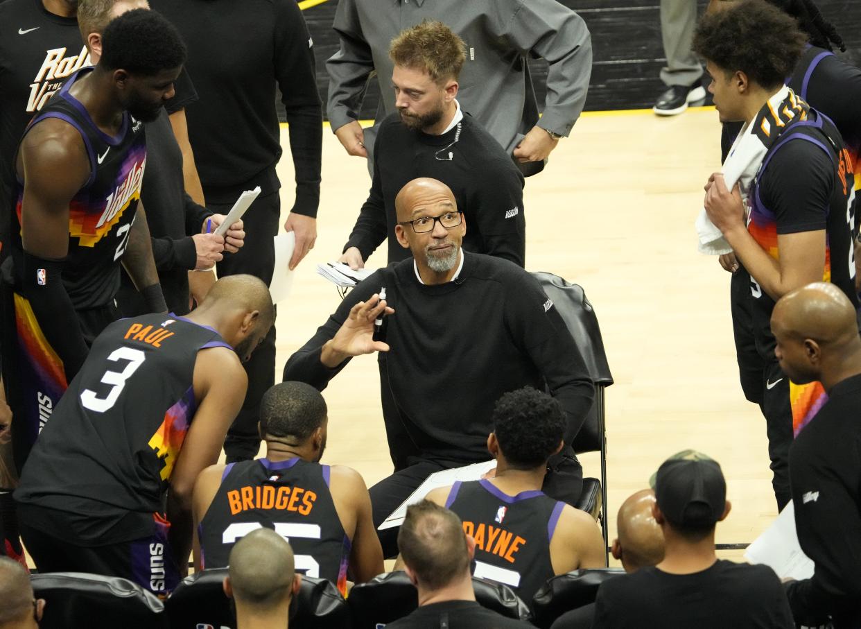 Apr 26, 2022; Phoenix, Ariz, U.S.;  Phoenix Suns head coach Monty Williams talks to his team during Game 5 of the Western Conference playoffs against the New Orleans Pelicans.