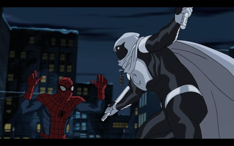 MARVEL'S ULTIMATE SPIDER-MAN VS. THE SINISTER 6 - "The Moon Knight Before Christmas" - While house-sitting on Christmas Eve, Spider-Man is forced to team up with Moon Knight to defend the home from the new Mysterio. This episode of "Marvel's Ultimate Spider-Man VS. The Sinister 6" airs Saturday, December 17 (8:00 - 8:30 P.M. EST) on Disney XD. (Marvel via Getty Images) SPIDER-MAN, MOON KNIGHT