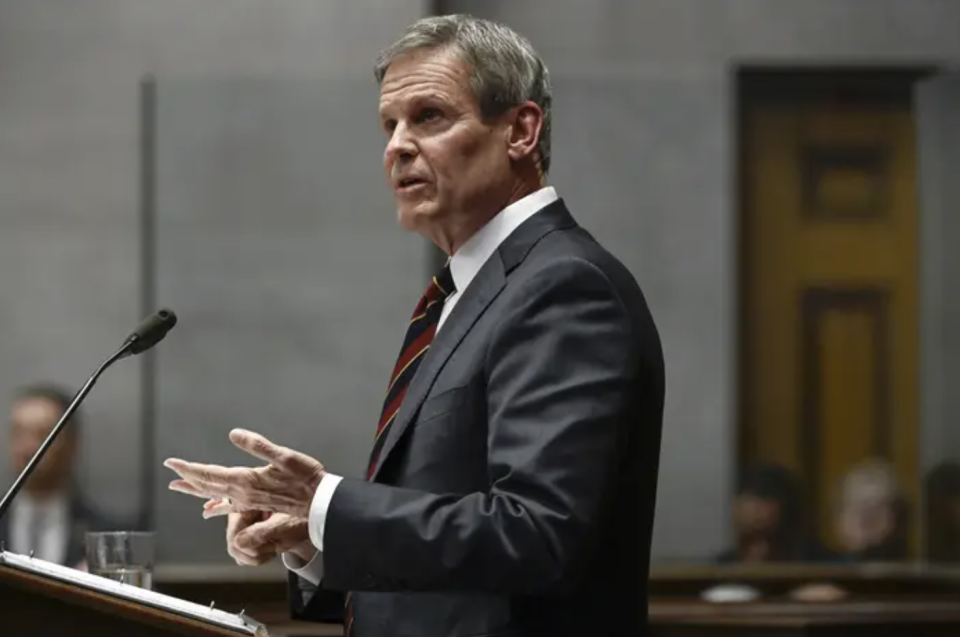 Tennessee Gov. Bill Lee delivers his State of the State address on Feb. 6, 2023, in Nashville.