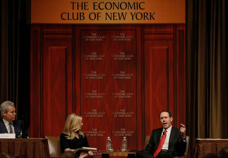 Chief Executive Officer of AT&T Randall Stephenson speaks with CNBC reporter Becky Quick during a moderated discussion before the Economic Club of New York, in New York City, U.S., November 29, 2017. REUTERS/Brendan McDermid