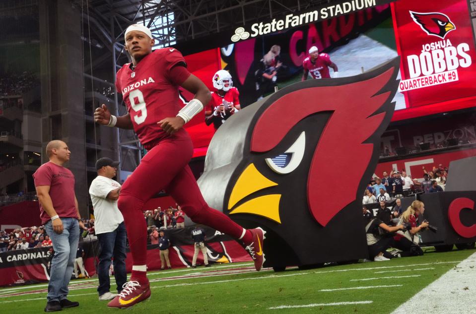 Arizona Cardinals quarterback Joshua Dobbs (9) is introduced before their game against the Dallas Cowboys at State Farm Stadium in Glendale on Sept. 24, 2023.