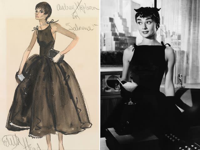 <p>From left: Movie Poster Image Art/Getty Images, Bettmann</p> An original sketch of Audrey Hepburn's "Sabrina" LBD and the final look from the film.