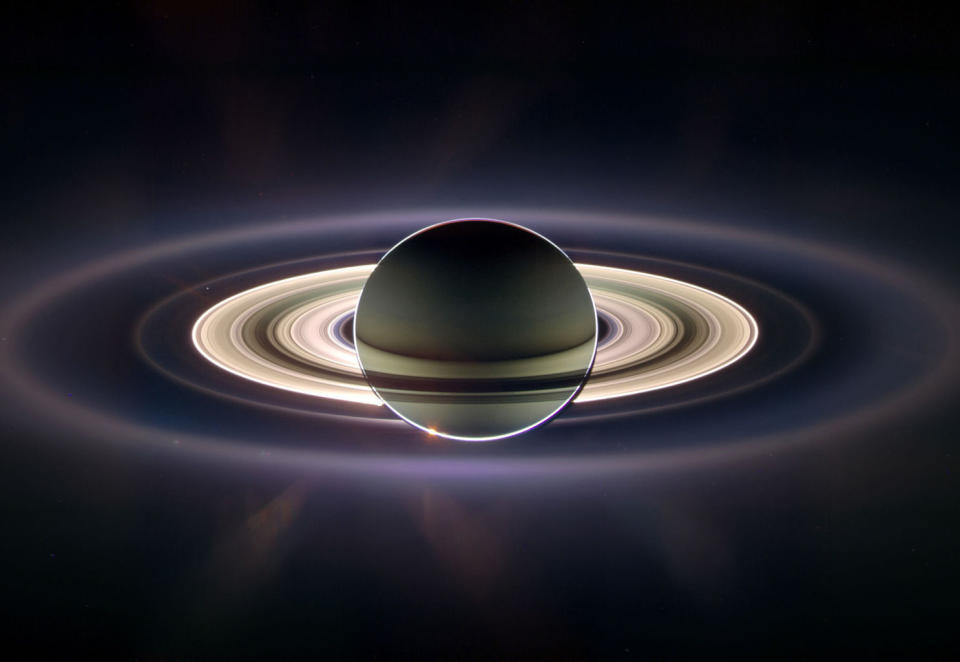 Taken with Cassini's wide-angle camera, this composite is a mosaic of 27 frames shot during a 12-hour pass through Saturn's shadow on Sept. 15, 2006. Cassini would create a much-improved version of this image in July 2013. <cite>CICLOPS/NASA/JPL-Caltech/SSI</cite>