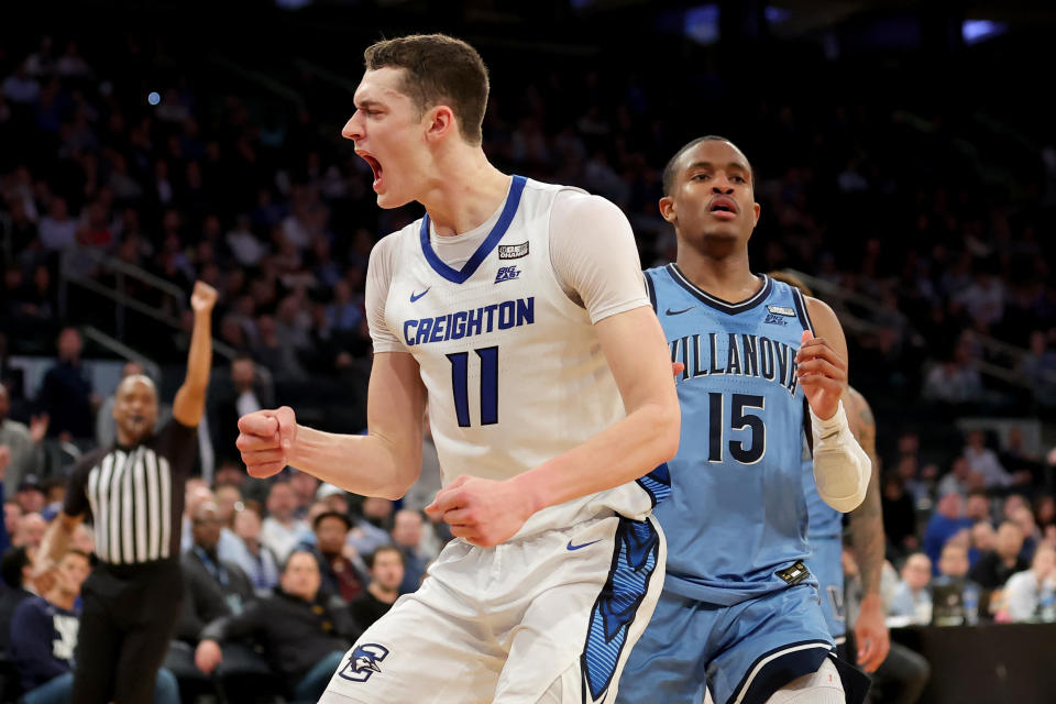 Mar 9, 2023; New York, NY, USA; Creighton Bluejays center Ryan Kalkbrenner (11) reacts in front of Villanova Wildcats guard Jordan Longino (15) during the second half at Madison Square Garden. Mandatory Credit: Brad Penner-USA TODAY Sports