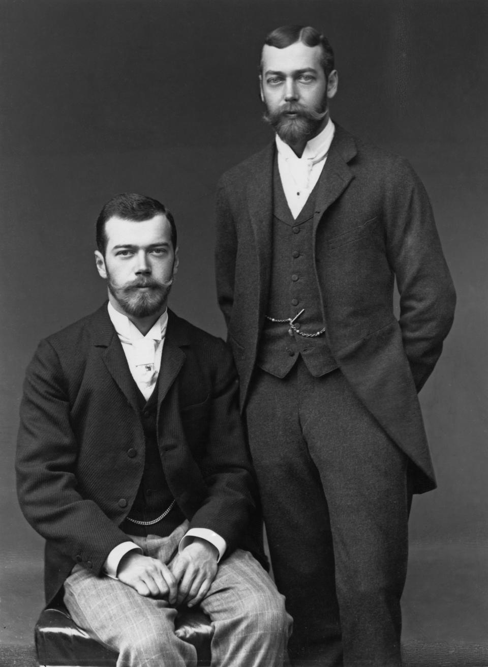The Tsarevich of Russia (1868 - 1918, later Czar Nicholas II of Russia, left), with his cousin, Prince George, Duke of York (1865 - 1936, later King George V), UK, 1893. Nicholas is in Britain for George's wedding to Princess Mary of Teck. (Photo by Hulton Archive/Getty Images)