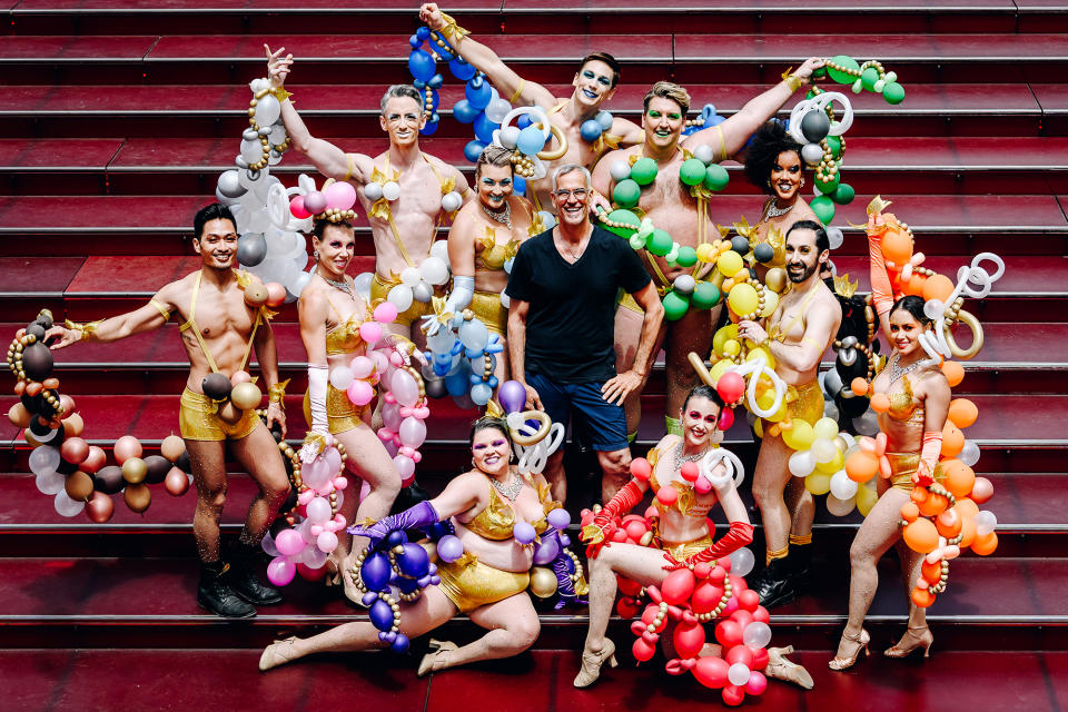 <p>Tony Award winner Jerry Mitchell hangs with a handful of dancers while filming the finale to <em>Broadway Bares: Twerk from Home</em> in New York City's Times Square. The special will stream from <a href="https://broadwaycares.org/pre-event/broadway-bares-2021/" rel="nofollow noopener" target="_blank" data-ylk="slk:broadwaycares.org;elm:context_link;itc:0;sec:content-canvas" class="link ">broadwaycares.org</a> at 9 pm. ET on June 20, and benefits Broadway Cares/Equity Fights AIDS. </p>