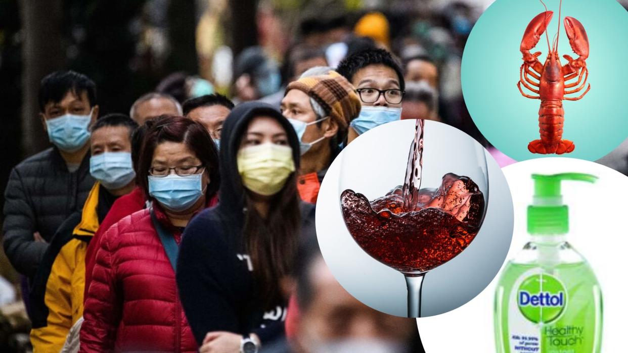 Pictured: People wearing coronavirus face masks in Hong Kong, dettol hand sanitiser, lobster and red wine. 