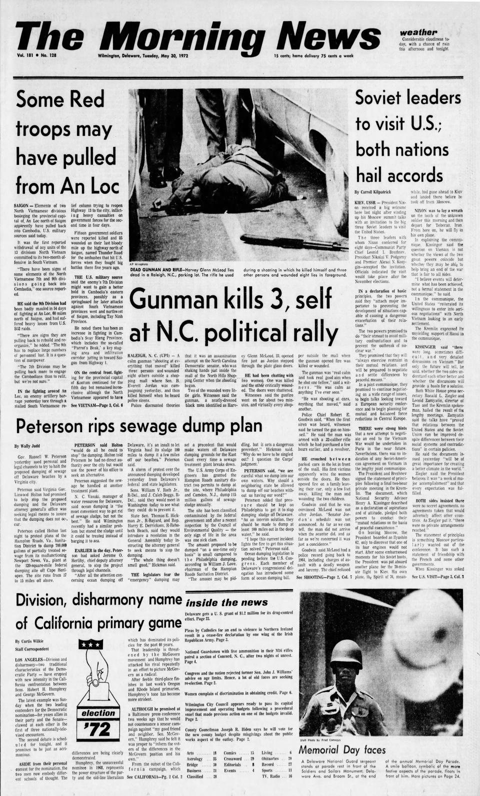 Front page of The Morning News from May 30, 1972.