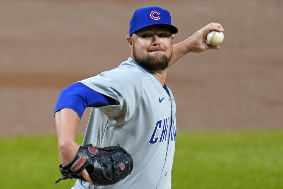 FILE - Then-Chicago Cubs starting pitcher Jon Lester delivers during the first inning of a baseball game against the Pittsburgh Pirates in Pittsburgh, in this Monday, Sept. 21, 2020, file photo. Washington Nationals left-hander Jon Lester will have surgery to have a thyroid gland removed, manager Dave Martinez said Wednesday, March 3, 2021. Lester will leave spring training in West Palm Beach, Florida, and fly to New York for the procedure.(AP Photo/Gene J. Puskar, File)