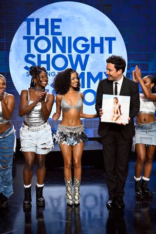 <p>Todd Owyoung/NBC via Getty</p> Tyla and Jimmy Fallon on The Tonight Show in October 2023