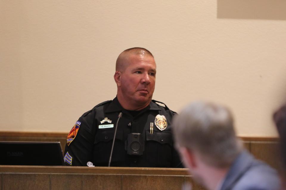 Carlsbad Police Sgt. Chris Austin testifies during Alexis Murray Smith's child abuse trial, Sept. 12, 2023 at the Eddy County District Court.