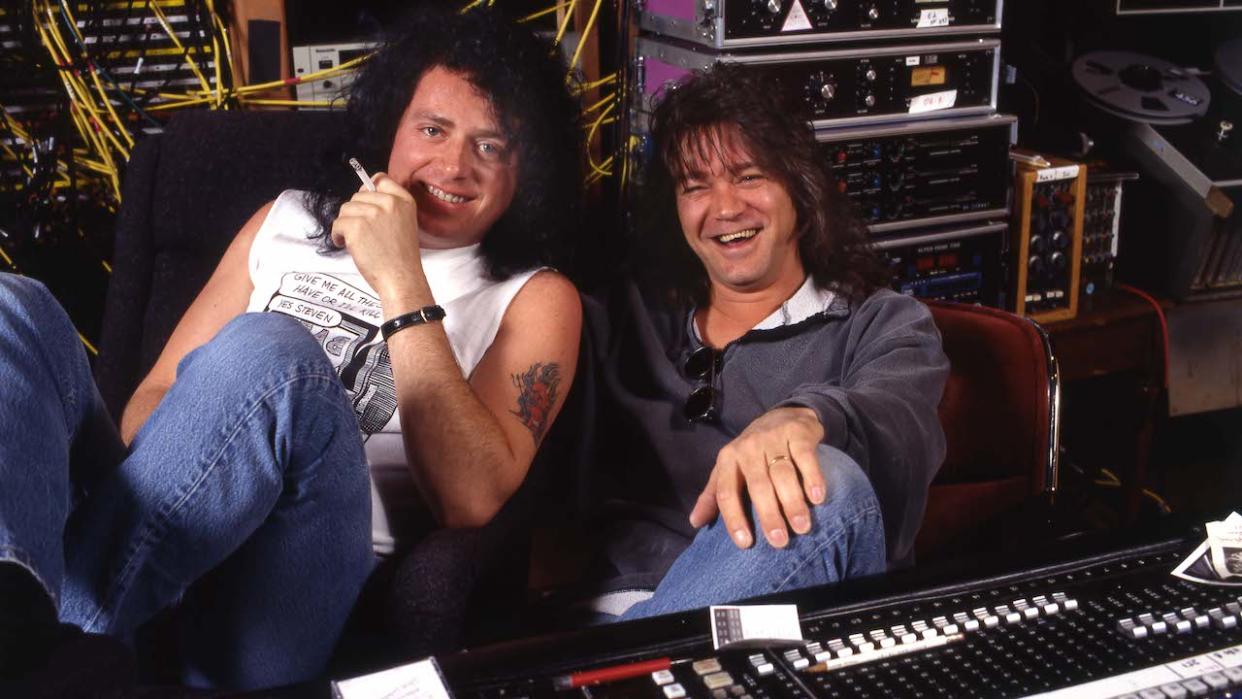  Eddie Van Halen and Steve Lukather laughing in a studio. 