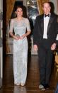 <p>For the dinner, Duchess Kate changes into a stunning Jenny Packham dress while William matches her elegance by wearing a tux.</p>