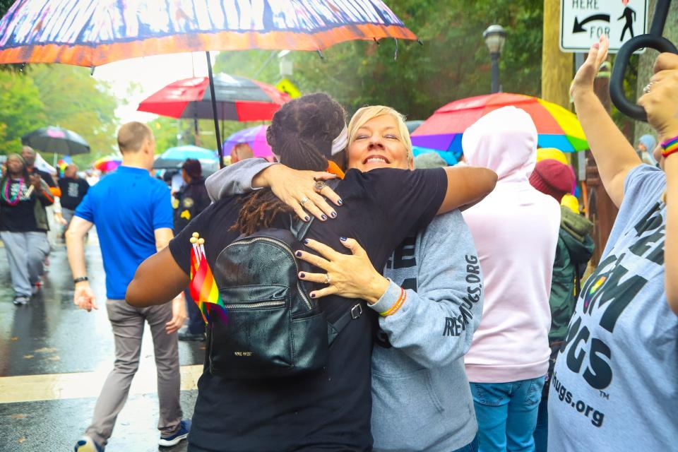 Oklahoma City resident Sara Cunningham hugs an attendee at a Pride event in Atlanta in the documentary "Mama Bears," which screened at the 2022 deadCenter Film Festival in Oklahoma City. Cunningham is the founder of Free Mom Hugs.