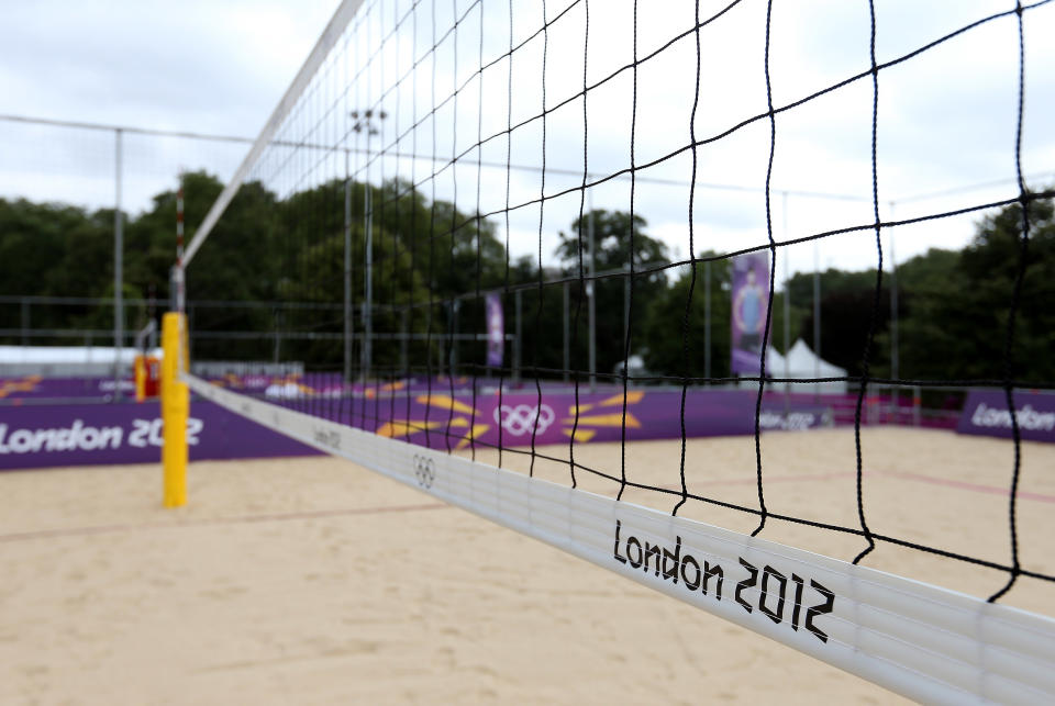 LONDON, ENGLAND - JULY 18: A general view of the Beach Volleyball practice courts at Horse Guards Parade on July 18, 2012 in London, England. (Photo by Scott Heavey/Getty Images)