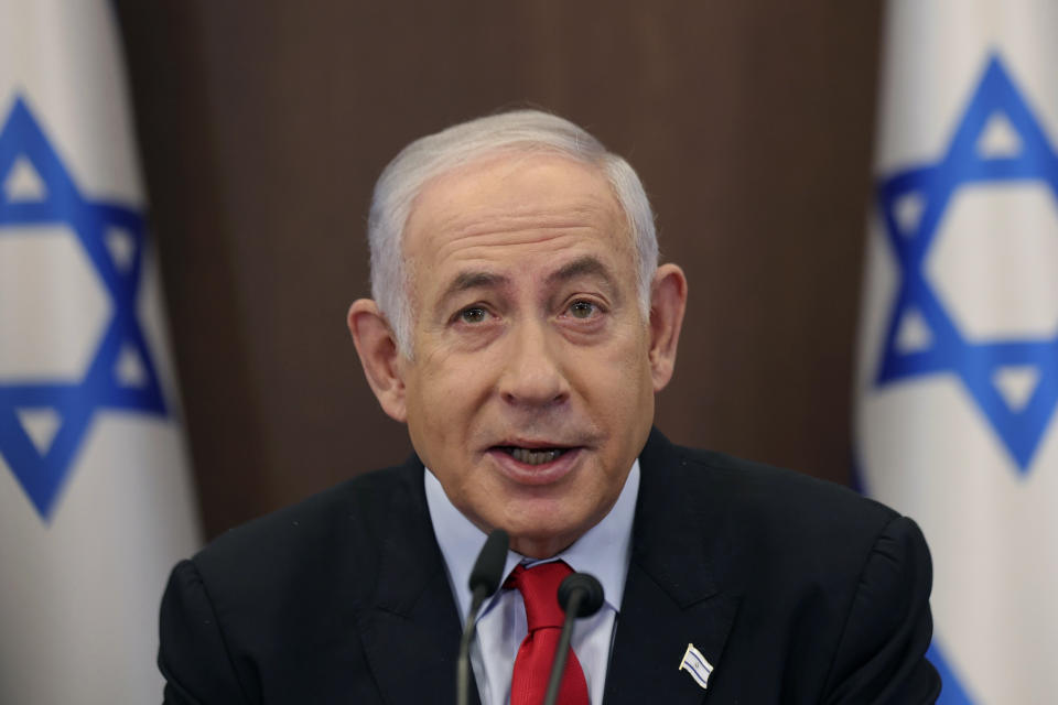 Israeli Prime Minister Benjamin Netanyahu attends the weekly cabinet meeting at the prime minister's office in Jerusalem, Wednesday, Sept. 27, 2023.(Abir Sultan/Pool Photo via AP)