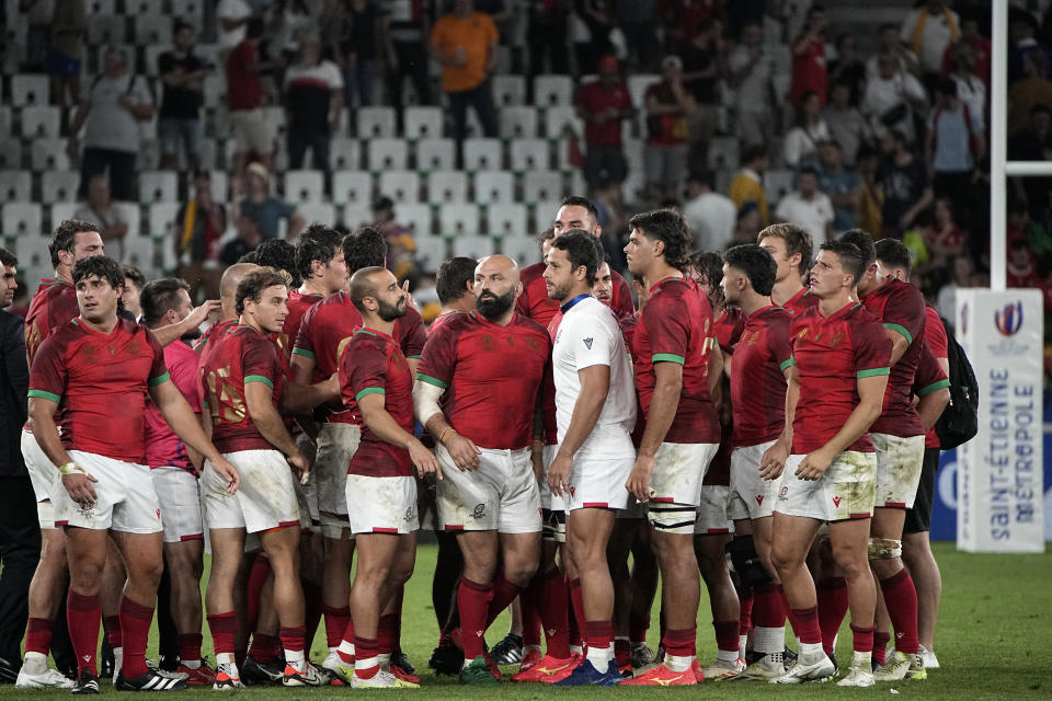 Portugal's team after the end of the Rugby World Cup Pool C match between Australia and Portugal at the Stade Geoffroy Guichard in Saint-Etienne, France, Sunday, Oct. 1, 2023. (AP Photo/Laurent Cipriani)