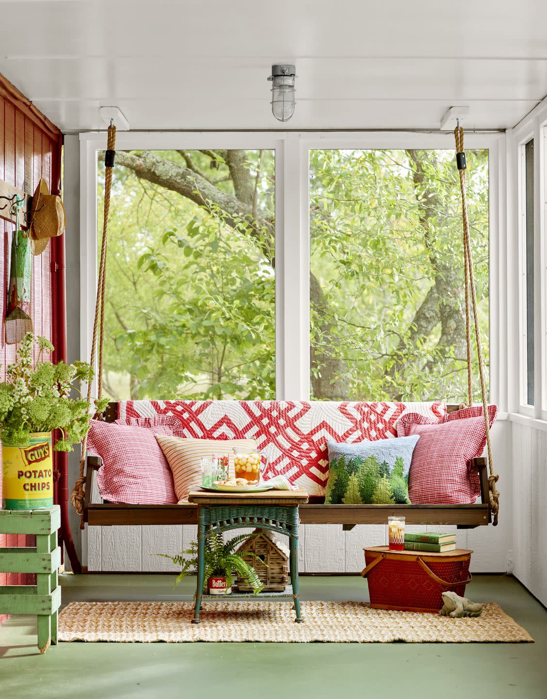 lake cabin screened porch with porch swing