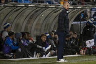 CF Montreal coach Laurent Courtois watches during the second half of the team's MLS soccer match against FD Cincinnati on Saturday, April 13, 2024, in Montreal. (Peter McCabe/The Canadian Press via AP)