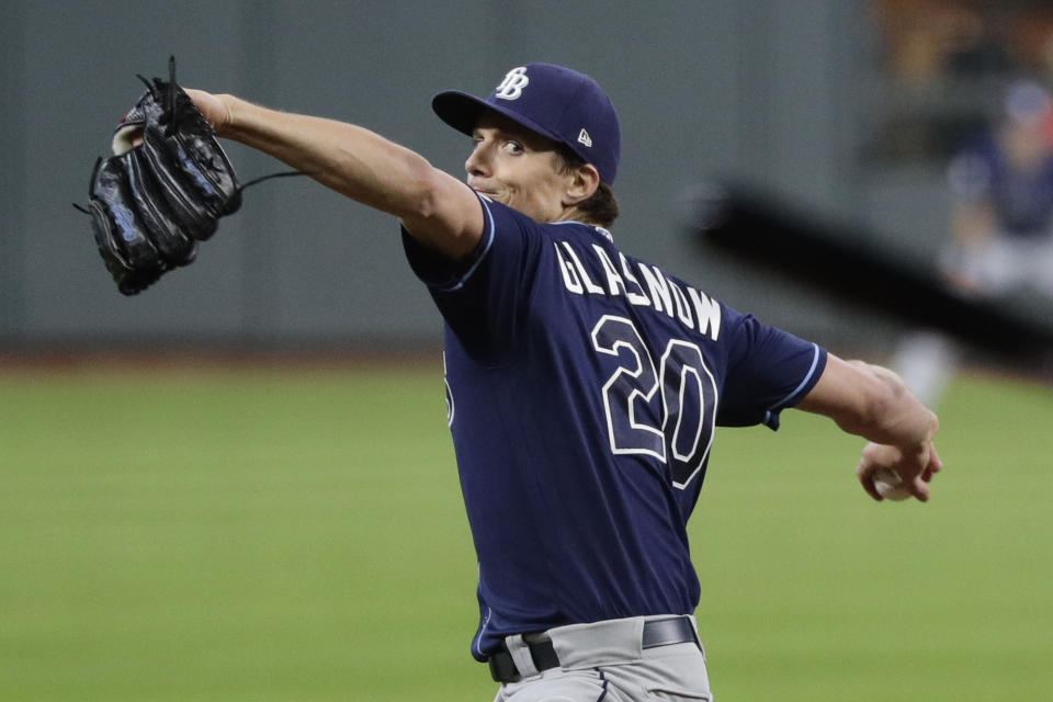 Tampa Bay Rays starter Tyler Glasnow delivers a pitch to a Houston Astros batter during the first inning of Game 5 of a baseball American League Division Series in Houston, Thursday, Oct. 10, 2019. (AP Photo/Eric Gay)