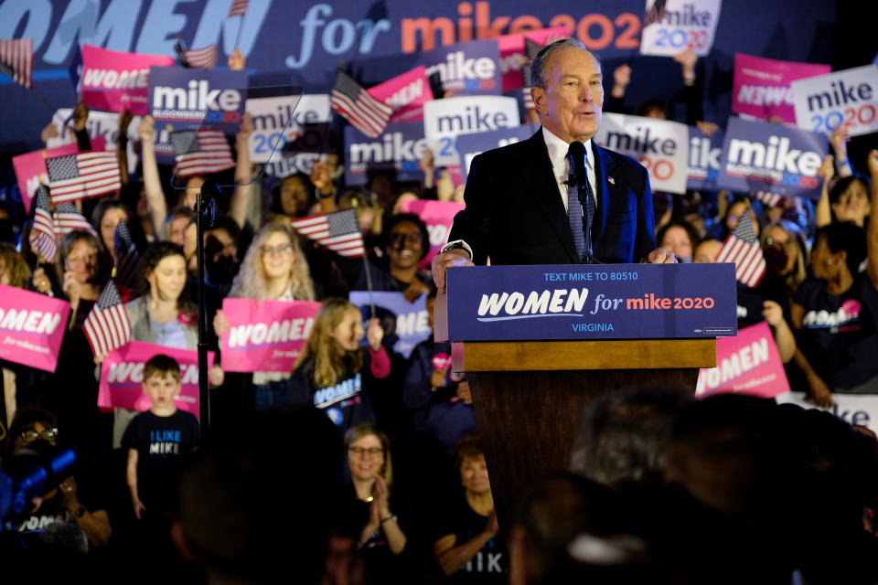 MCLEAN, UNITED STATES - FEBRUARY 29, 2020: Former New York City Mayor, and Democratic presidential candidate Mike Bloomberg addresses his supporters in McLean.- PHOTOGRAPH BY Preston Ehrler / Echoes Wire/ Barcroft Studios / Future Publishing (Photo credit should read Preston Ehrler / Echoes Wire/Barcroft Media via Getty Images)