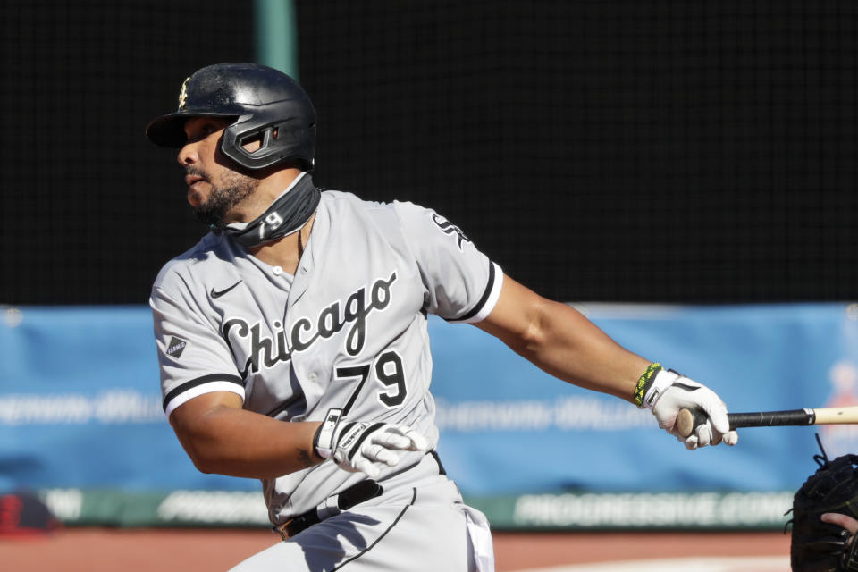 Chicago White Sox's Jose Abreu grounds out in the fifth inning in the first baseball game of a doubleheader against the Cleveland Indians, Tuesday, July 28, 2020, in Cleveland. Tim Anderson scored on the play. The Indians won 4-3. (AP Photo/Tony Dejak)