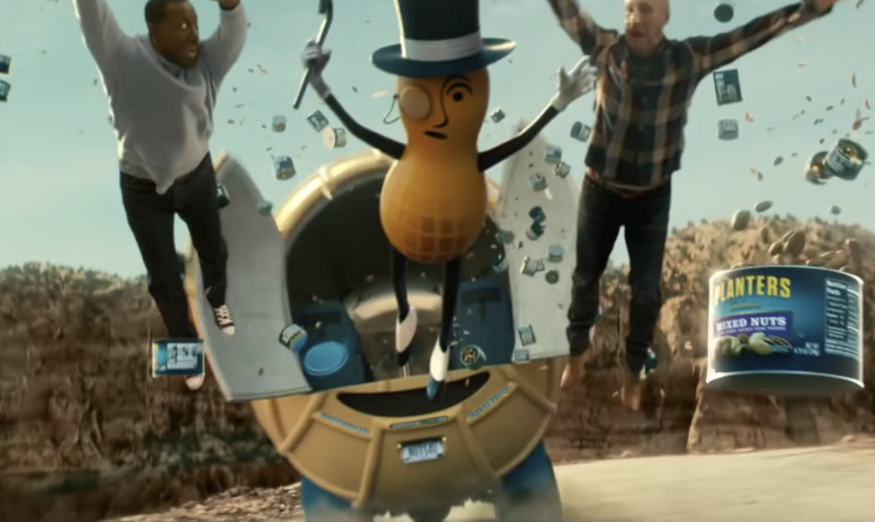 The commercial shows a mountainside crash which sees the brand mascot fall to his death: Planters