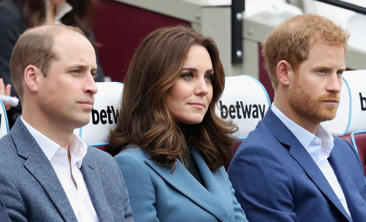 LONDON, ENGLAND - OCTOBER 18:  Prince William, Duke of Cambridge, Catherine, Duchess of Cambridge and Prince Harry attend the Coach Core graduation ceremony for more than 150 Coach Core apprentices at The London Stadium on October 18, 2017 in London, England.  (Photo by Chris Jackson/Getty Images)