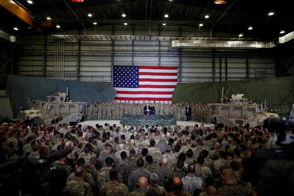 Then-President Donald Trump delivering remarks to US troops at Bagram Air Base in Afghanistan.