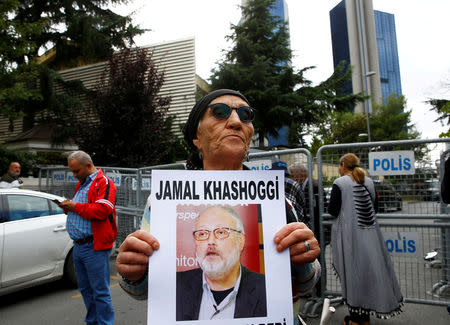 FILE PHOTO: A human rights activist holds picture of Saudi journalist Jamal Khashoggi during a protest outside the Saudi Consulate in Istanbul, Turkey October 9, 2018. REUTERS/Osman Orsal