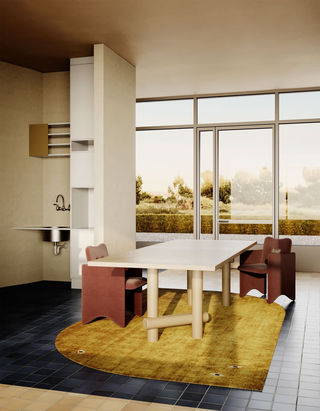 interior rendering of a room with a table and chairs and floor to ceiling glass windows in the back