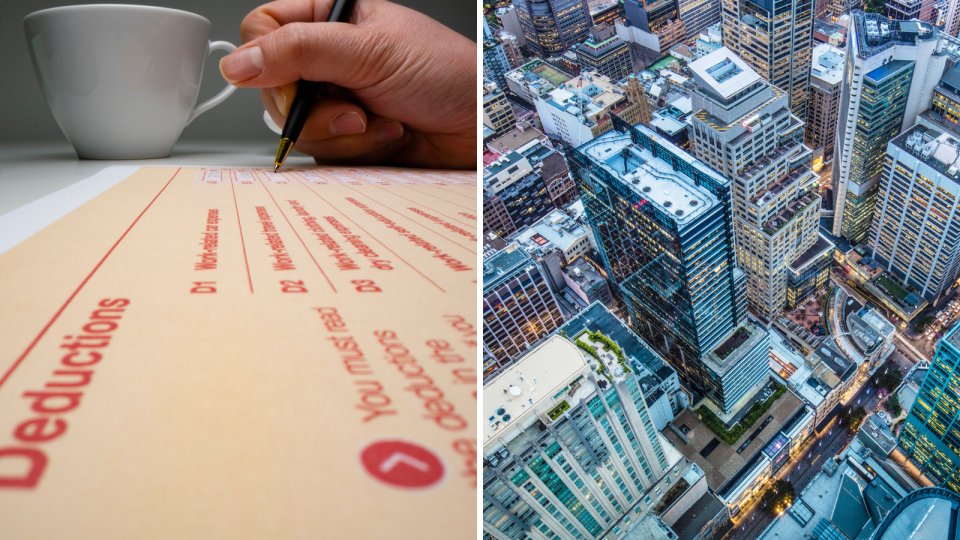 A person filling out a tax deductions form and an aerial view of the Sydney CBD.