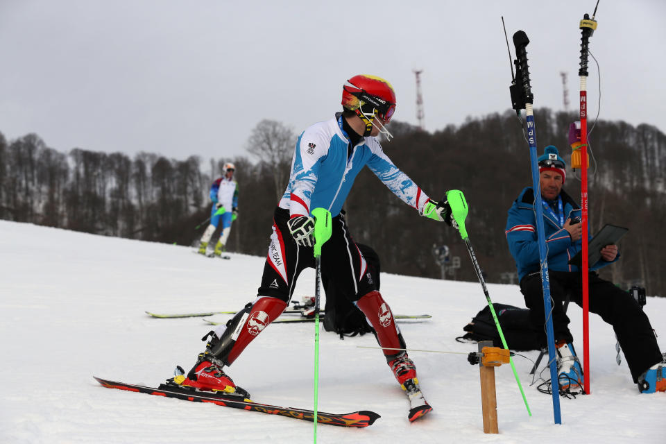 Austria's Marcel Hirscher trains for the men's slalom at the Alpine ski venue at the Sochi 2014 Winter Olympics, Thursday, Feb. 20, 2014, in Krasnaya Polyana, Russia. (AP Photo/Alessandro Trovati)