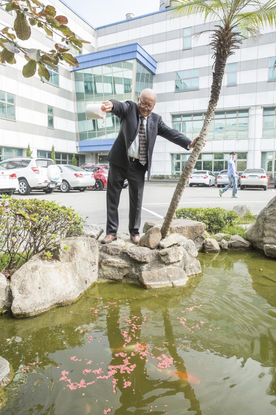 洪招儀在廠區養魚，只為能用池水多少吸收掉落粉塵，不讓飛塵跑到工廠裡。