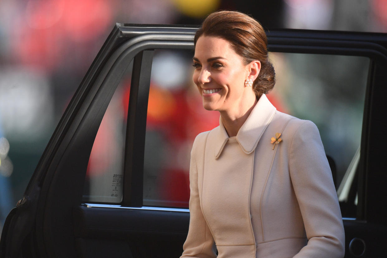 The Duchess of Cambridge arrives to watch members of the Massed Bands of the Household Division during the annual Beating Retreat ceremony, which features over 750 soldiers, on Horse Guards Parade, London.