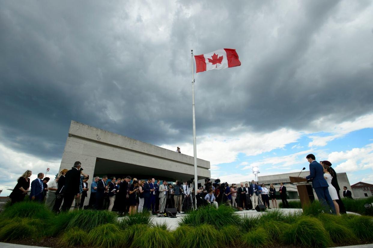 Prime Minister Justin Trudeau holds a press conference on the roof of the Canadian Embassy in Washington on June 20, 2019.  (Sean Kilpatrick/The Canadian Press - image credit)