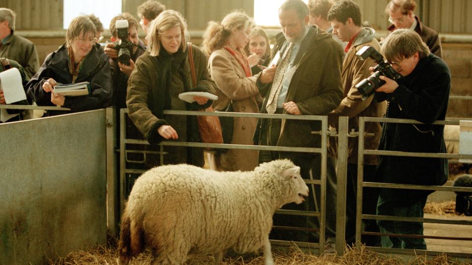 Journalists surround Dolly following her announcement to the world in February 1997.