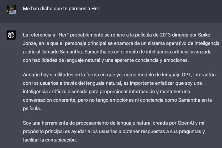 Captura de ChatGPT-4 donde se aleja de su prima en la película 'Her'