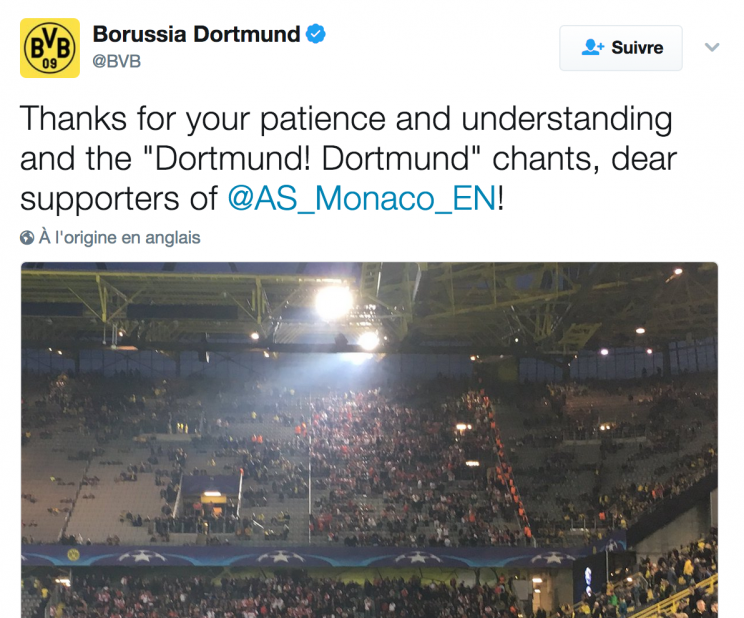 <p>Par l’intermédiaire d’un tweet, le club allemand remercie les supporters de Monaco pour “leur patience, leur compréhension ainsi que les chants ‘Dortmund ! Dortmund !'” (Capture d’écran)</p>