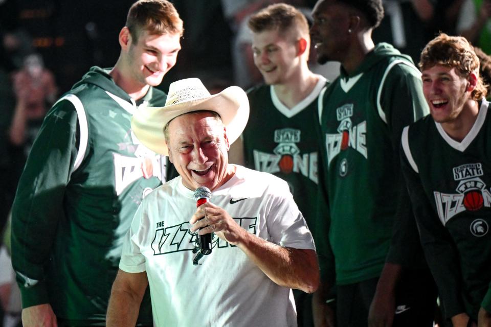 Michigan State men's basketball head coach Tom Izzo wears Gehrig Normand's cowboy hat during the Michigan State Madness event on Friday, Oct. 4, 2024, at the Breslin Center in East Lansing.