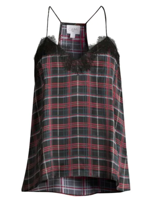 Cami NYC The Racer Plaid Lace-Trim Silk Tank Top