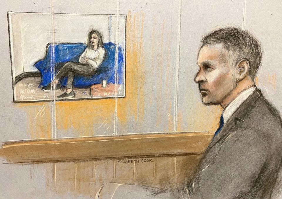 Court sketch of Ryan Giggs watching Kate Greville giving evidence on police video (Elizabeth Cook/PA) (PA Wire)