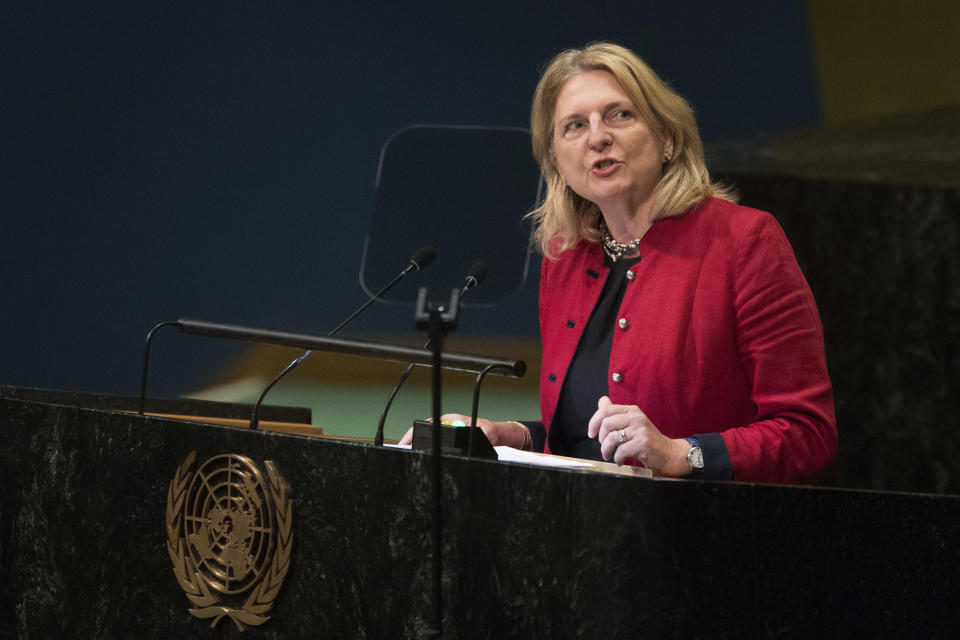 Austrian Foreign Minister Karin Kneissl addresses the 73rd session of the United Nations General Assembly,Saturday, Sept. 29, 2018 at U.N. headquarters. (AP Photo/Mary Altaffer)