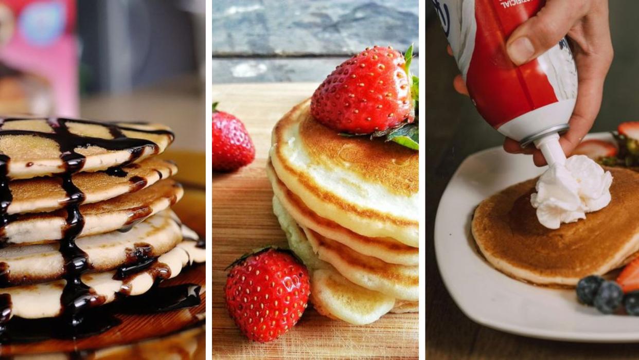 chocolate syrup pancakes, strawberries on pancakes, and whipped cream on pancakes