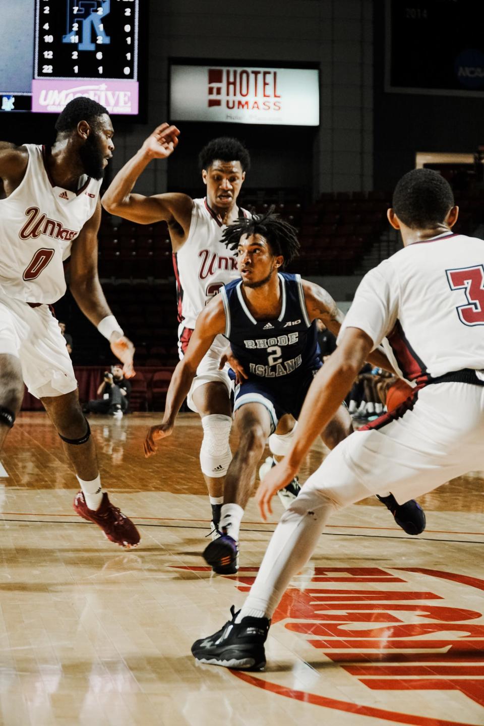 URI's Rhode Island's Brayon Freeman is surrounded by UMass defenders during a game on Jan. 14. On Monday, it was announced that Freeman was no longer on the team.