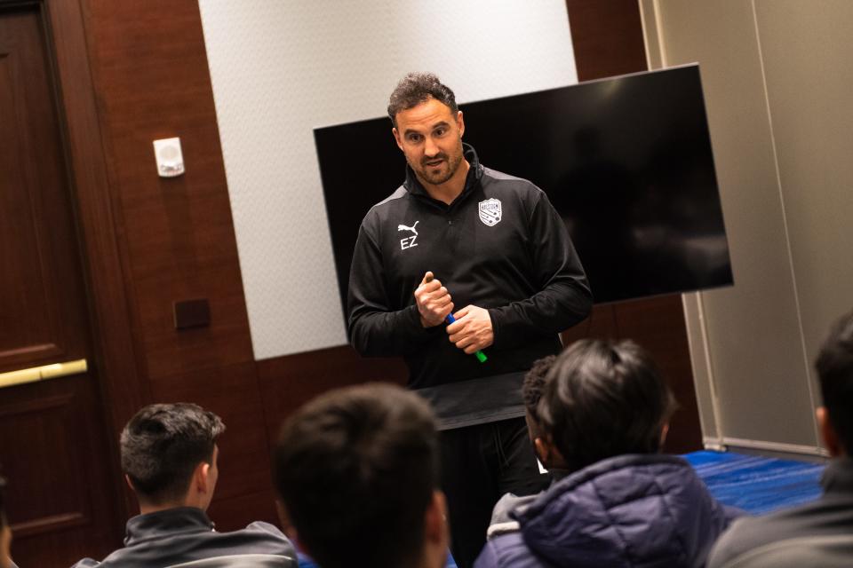 Hailstorm FC head coach Éamon Zayed addresses players during a team lunch at the Ritz-Carlton before a U.S. Open Cup third-round soccer match against the Colorado Rapids on Wednesday in Denver.