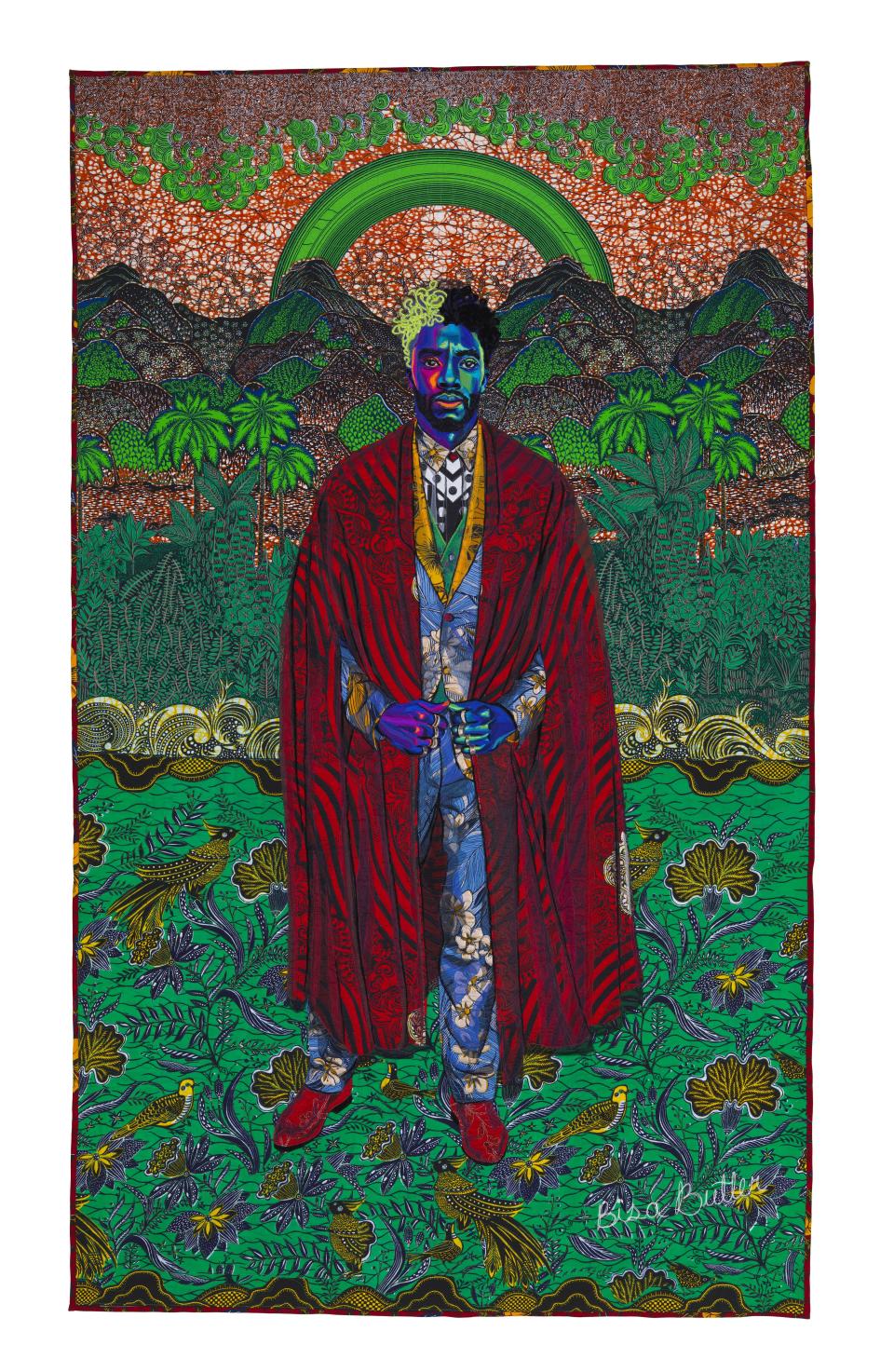 Chadwick Boseman is regally represented via quilted and appliqued cotton, silk, wool, velvet and sequins in a 2020 portrait titled "Forever."